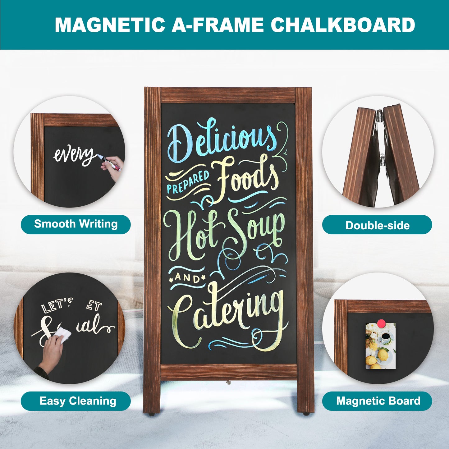 A-Frame Chalkboard 40" x 20", Double-Sided Magnetic Chalkboard Easel, 8 Markers 8 Magnets 1 Rag-Brown