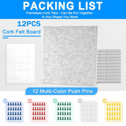 12 Packs Bulletin Board-Felt Board-felt Cork Board Felt Board Tiles for Wall