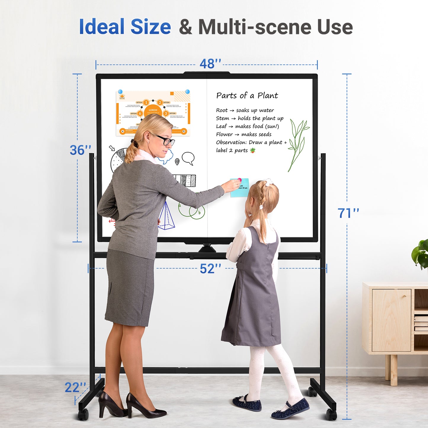 Rolling Dry Erase Board 48 x 36 Double Sided Easel Style Whiteboard with Wheels Mobile Standing White Board with Stand for Office, Classroom & Home, Black