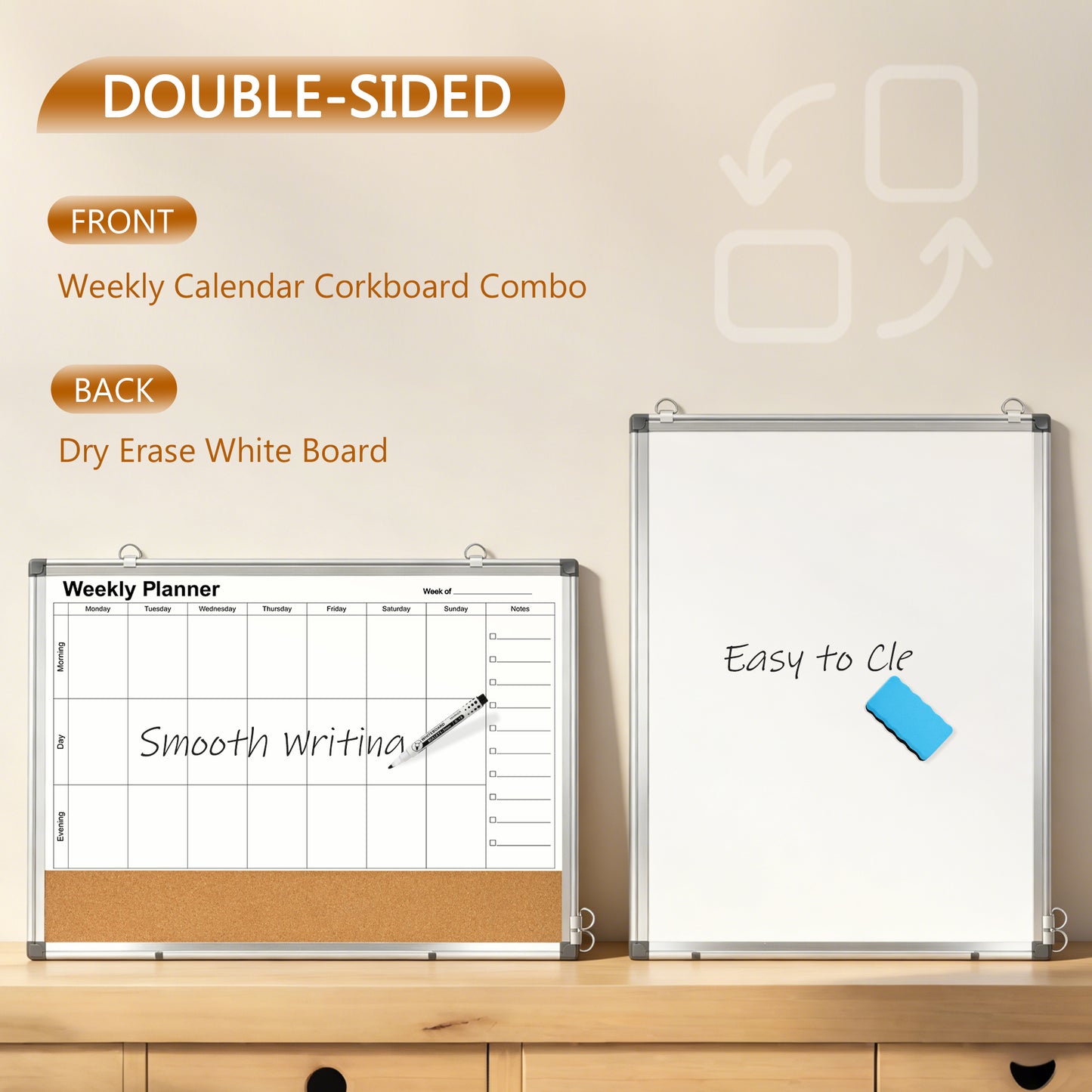 Weekly Dry Erase Calendar Whiteboard for Wall, 24" x 18" Double-Sided Weekly Planner White Board Cork Combo