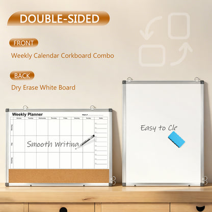 Weekly Dry Erase Calendar Whiteboard for Wall, 24" x 18" Double-Sided Weekly Planner White Board Cork Combo