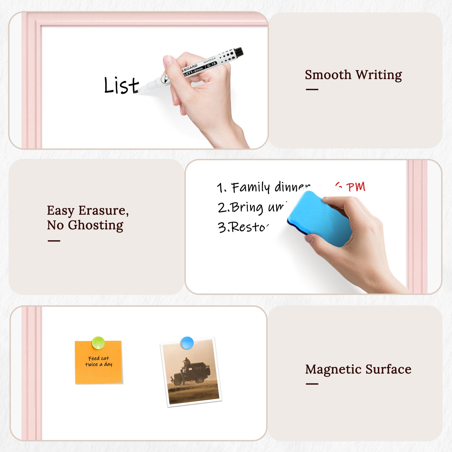 Magnetic Dry Erase Whiteboard Magnetic Whiteboard for Wall, Pink Wooden Framed