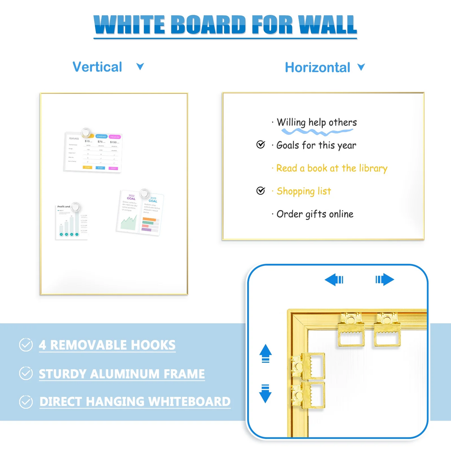 Magnetic Whiteboard for Wall, Gold Frame Dry Erase Board with 4 Markers 6 Magnets 1 Eraser