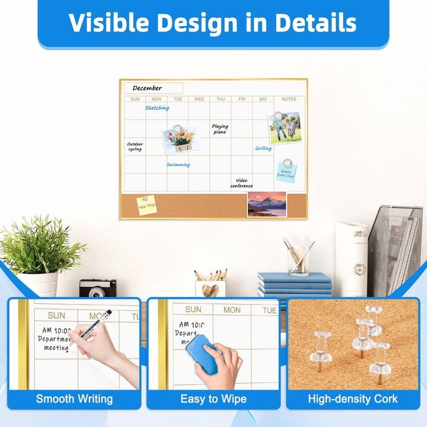 Dry Erase Calendar Whiteboard Cork Board Combo Magnetic White Board Calendar Dry Erase for Wall