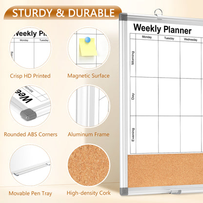Weekly Dry Erase Calendar Whiteboard for Wall, 24" x 18" Double-Sided Weekly Planner White Board Cork Combo