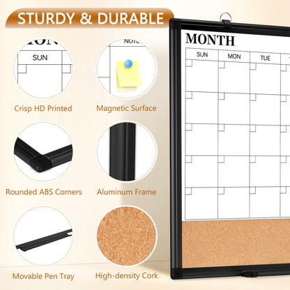 Monthly Calendar Whiteboard 24" x 18",36" x 24" Dry Erase Cork Board Combo Magnetic Double-Sided Calendar White Board and Bulletin Board