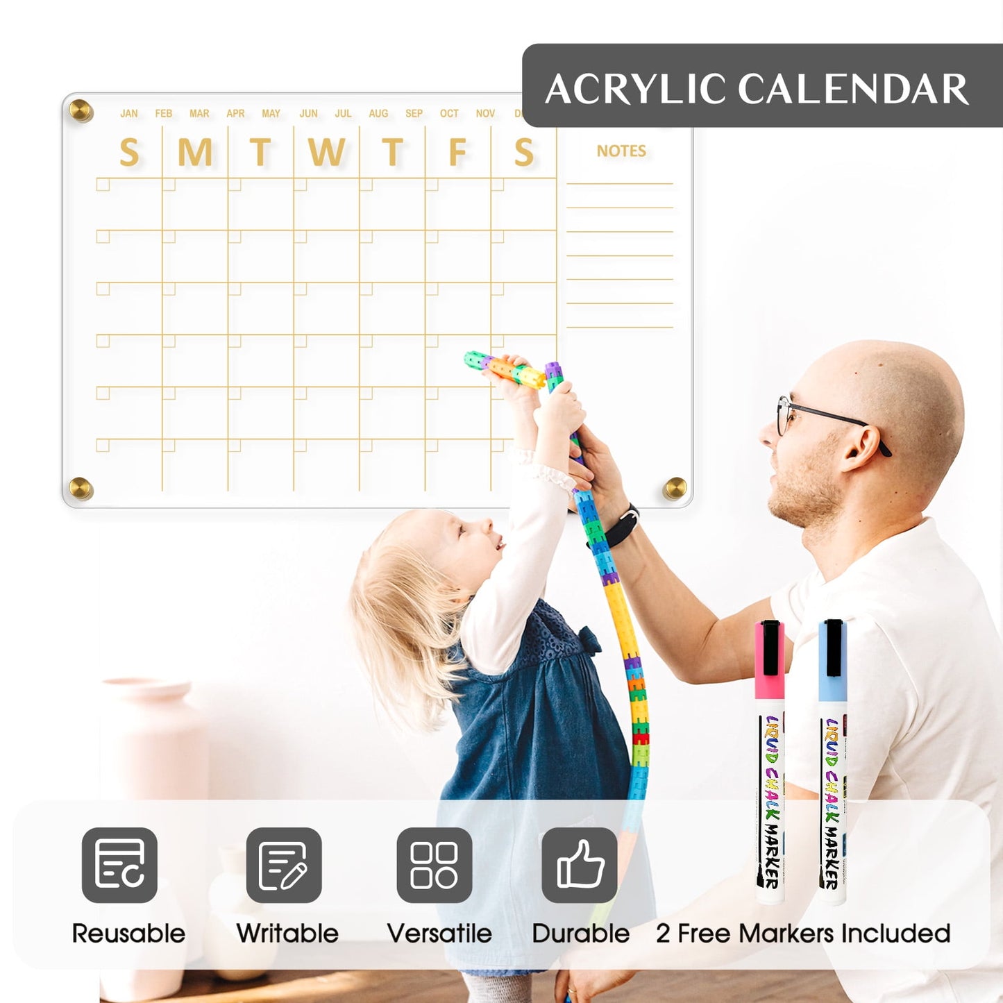 Acrylic Calendar for Wall Whiteboard eekly Clear Dry Erase Board, Wall Hanging Frameless Gold Print