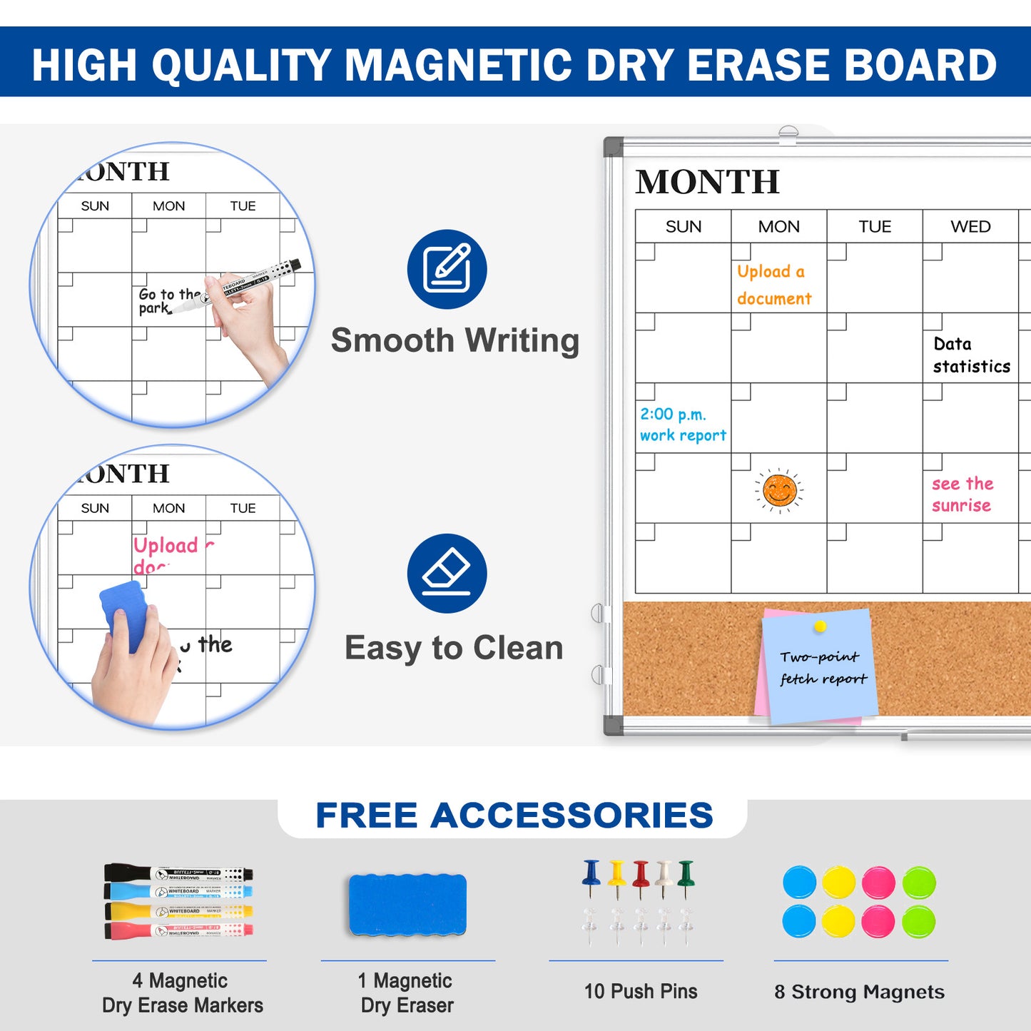 Monthly Calendar Whiteboard Dry Erase Cork Board Combination for Wall