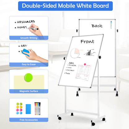 Rolling Whiteboard on Wheels, 48"x32" Height Adjustable Whiteboard Double-Sided Magnetic Dry Erase Board with Stand