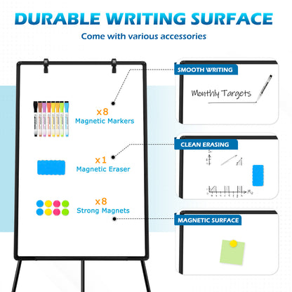 Whiteboard Easel with Tripod Stands, 36" x 24", Height Adjustable, with 8 Markers 8 Magnets 1 Eraser-Black