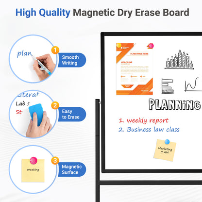 Rolling Whiteboard on Wheels 72"x40" Double-Sided Dry Erase Board with Stand Big White Board with Stand Portable Magnetic Mobile White Board, Black