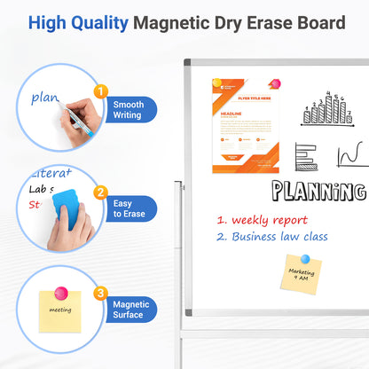 Rolling Whiteboard on Wheels 72"x40" Double-Sided Dry Erase Board with Stand Big White Board with Stand Portable Magnetic Mobile White Board, White