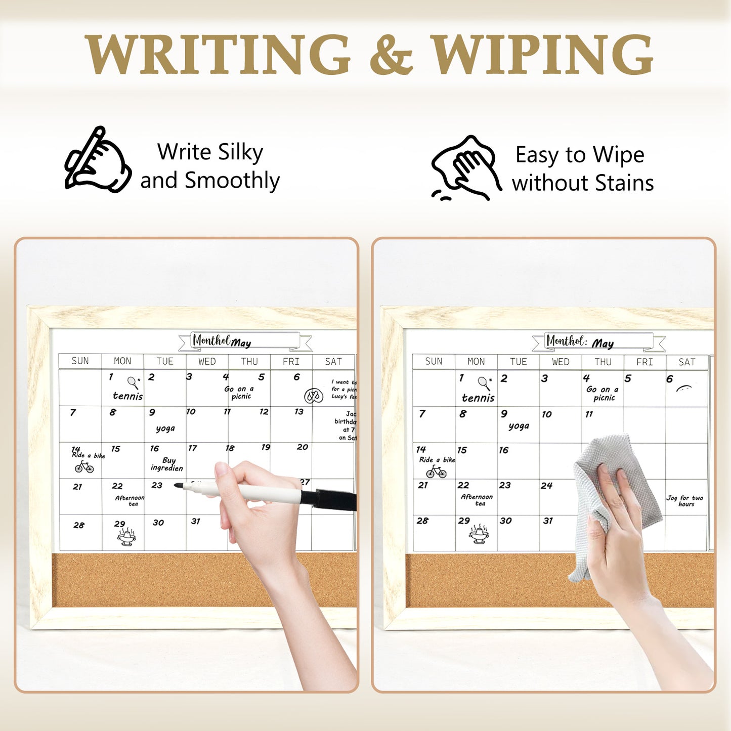 Monthly Whiteboard Calendar & Corkboard for Wall, Magnetic 16"x12" Dry Erase Board with White Wood Framed