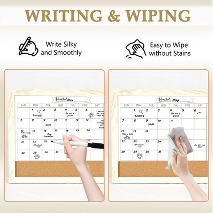 Monthly Whiteboard Calendar & Corkboard for Wall, Magnetic 16"x12" Dry Erase Board with White Wood Framed