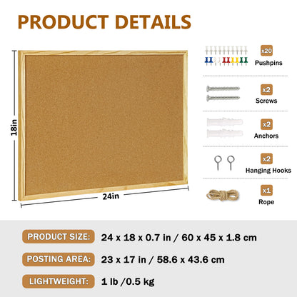 Pine Wood Frame Cork Board Bulletin Board for Wall with 20 Push Pins