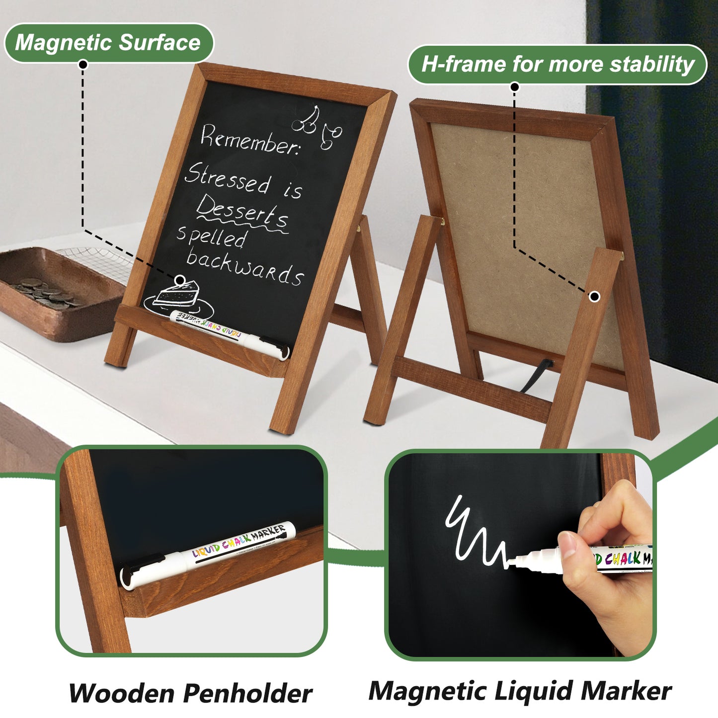 Small Tabletop Chalkboard Signs, 9.5" x 14" Magnetic Chalk Board with Stand Wood Frame-Brown