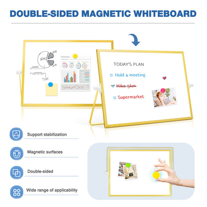 Small White Board with Stand, 16" x 12", Double-Sided with 8 Markers 8 Magnets 1 Eraser-Gold