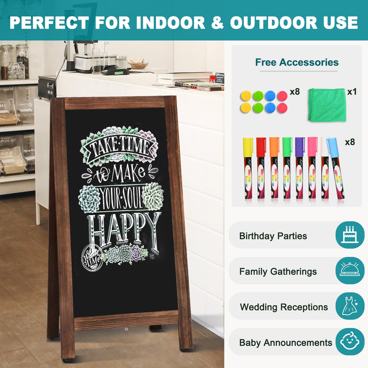 A-Frame Chalkboard 40" x 20", Double-Sided Magnetic Chalkboard Easel, 8 Markers 8 Magnets 1 Rag-Brown