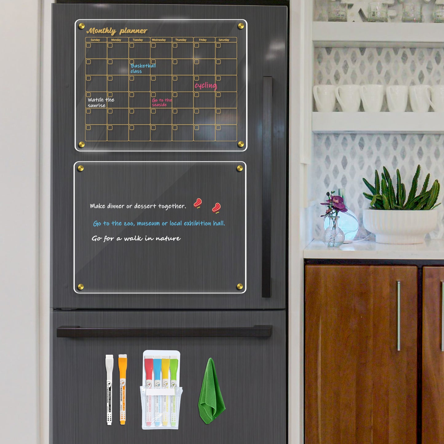 Acrylic Calendar for Fridge, 2 Pack 12"x16" Clear Fridge Calendar Monthly Clear Acrylic Plan Board