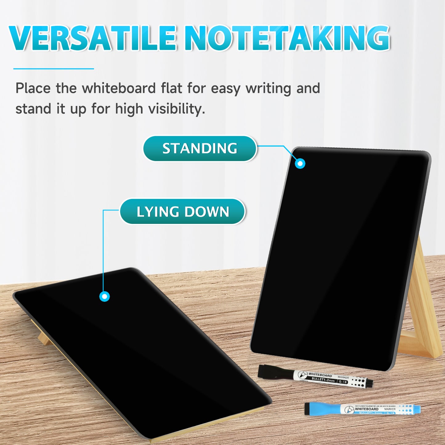 Desktop Black Glass Dry Erase Whiteboard with Reversible Wood Stand Small Whiteboard