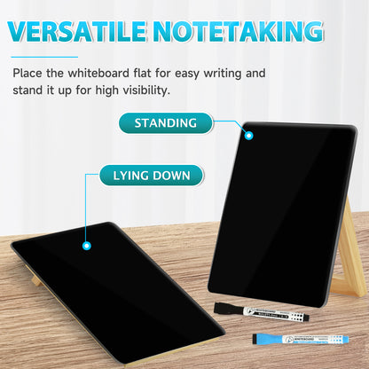 Desktop Black Glass Dry Erase Whiteboard with Reversible Wood Stand Small Whiteboard