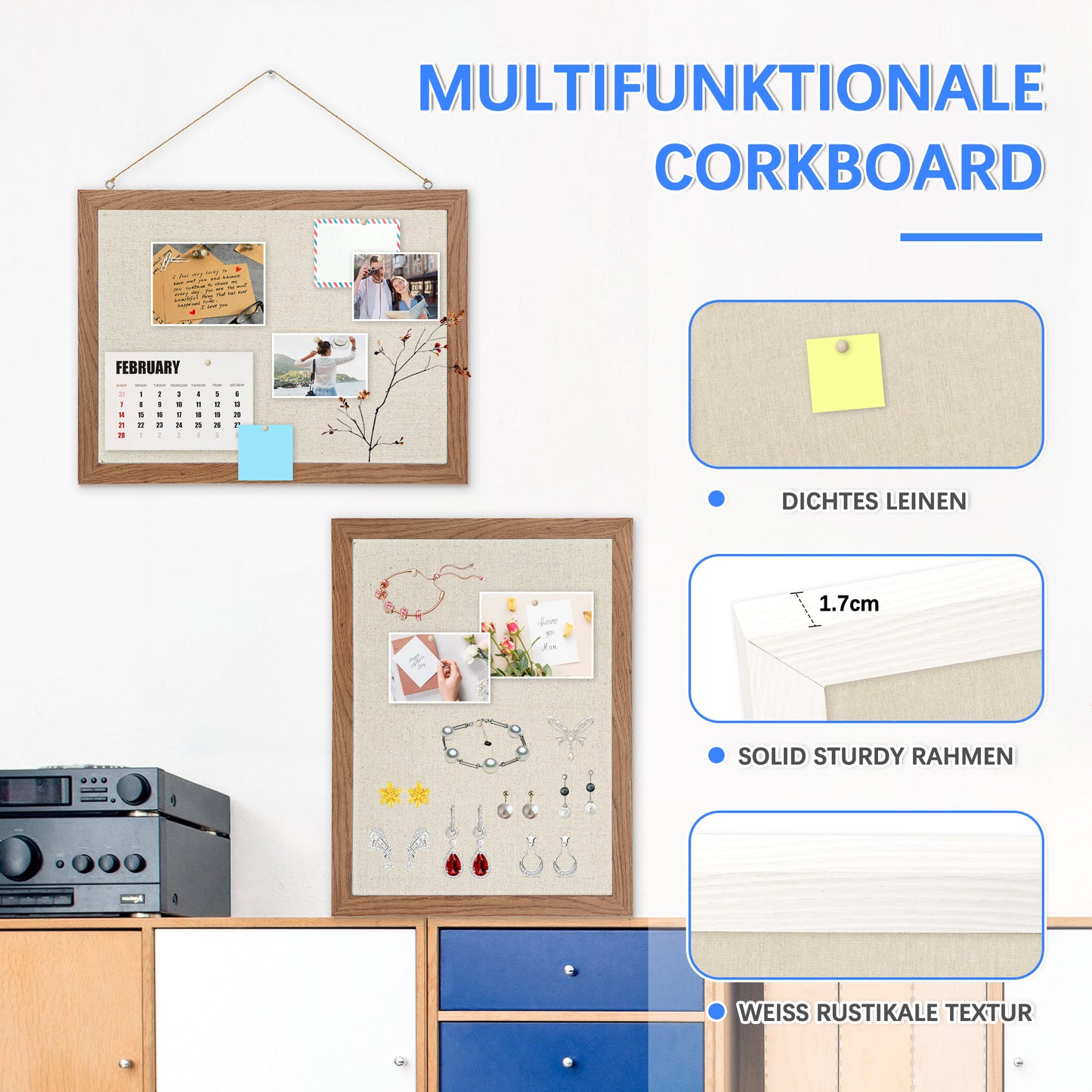 2-Pack Cork Bulletin Board with Linen 16"x12", Brown Wood Framed Corkboard for Wall