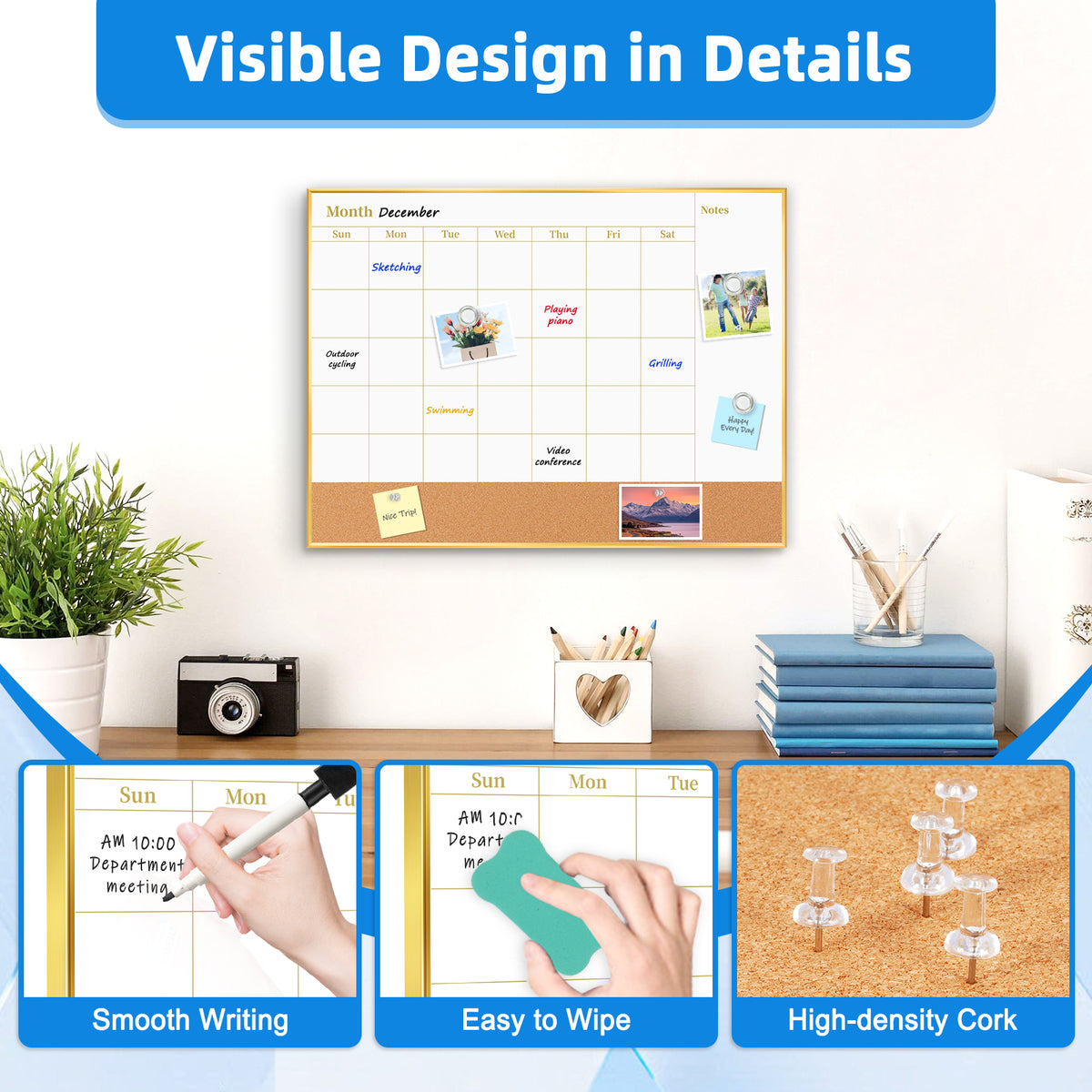 Whiteboard Calendar White Board Magnetic Dry Erase Board Cork Board Combo 16x12 inchs Reusable Monthly Planner for Wall
