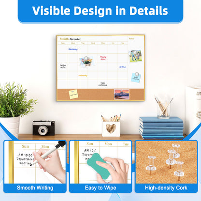 Whiteboard Calendar White Board Magnetic Dry Erase Board Cork Board Combo 16x12 inchs Reusable Monthly Planner for Wall