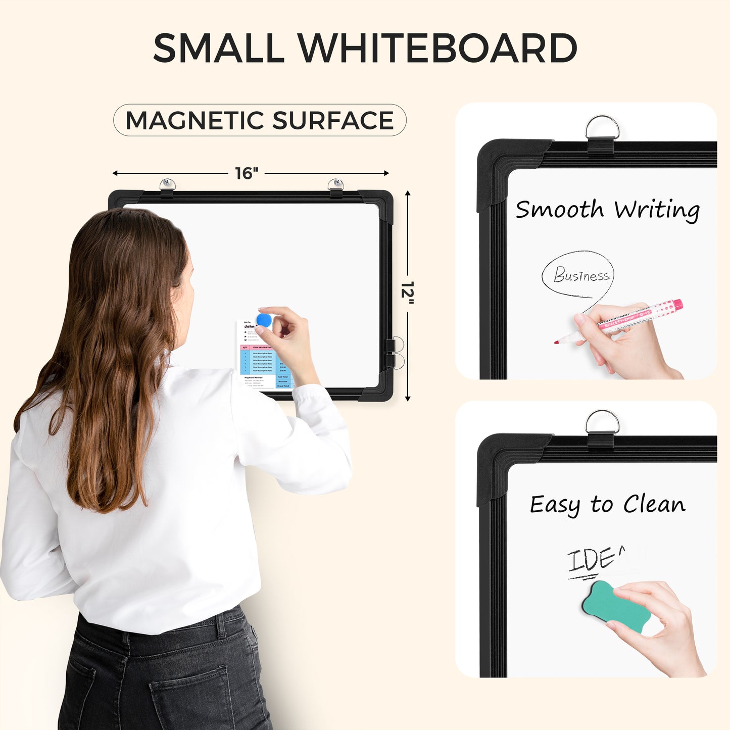 Small Dry Erase Board, 16" x 12", Double-Sided Magnetic Whiteboard with 8 Markers 8 Magnets 1 Eraser-Black