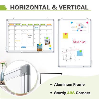 Magnetic Whiteboard Calendar for Wall, Double-Sided, with 4 Markers 8 Magnets 1 Eraser 1 Tray-Silver