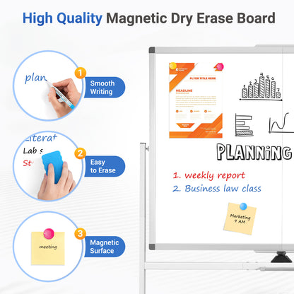 Rolling Dry Erase Board 48 x 36 Double Sided Easel Style Whiteboard with Wheels Mobile Standing White Board with Stand for Office, Classroom & Home, White