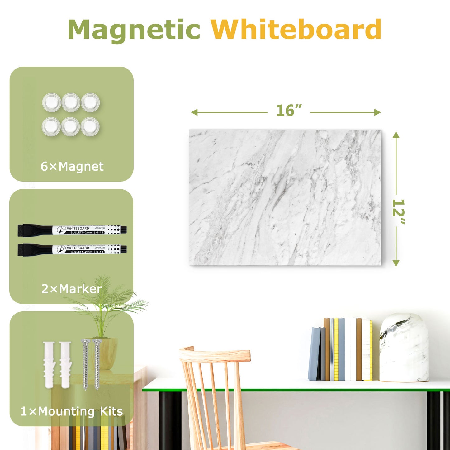 Magnetic Dry Erase Board Decorative White Board for Wall with White Marble Pattern Design