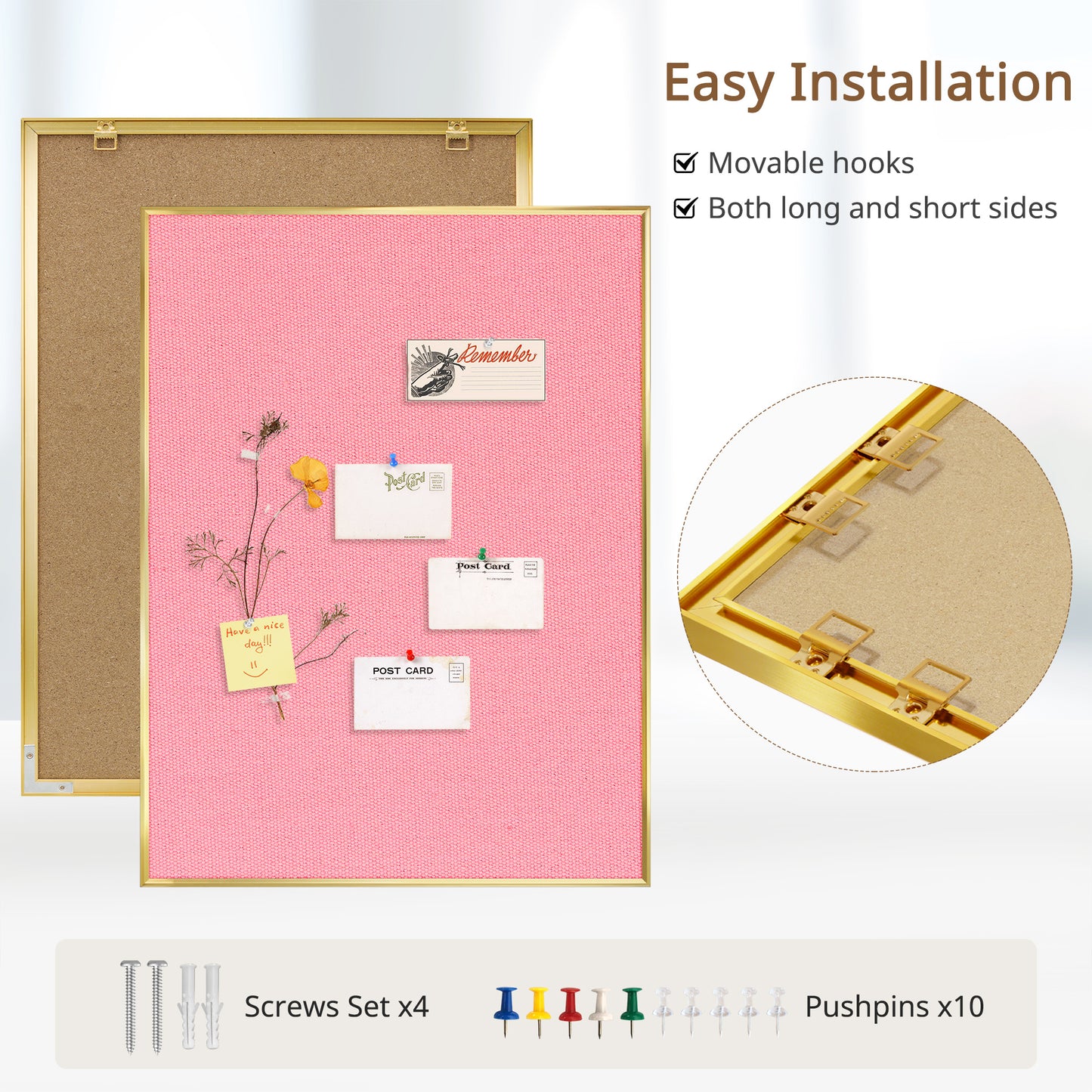 Bulletin Board with Linen Cork Board for Wall Poster Board, Pink