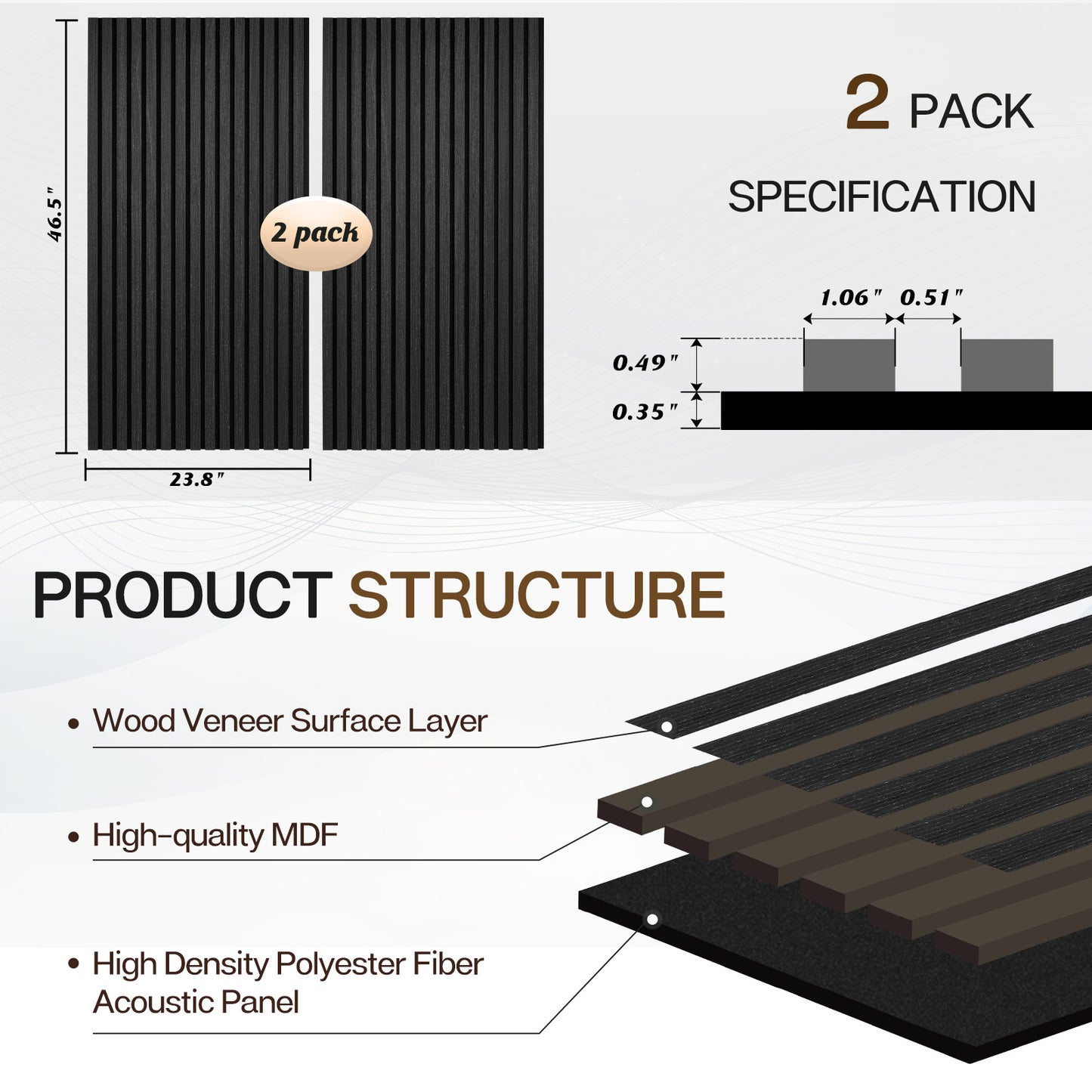 Wood Slat Acoustic Panels for Wall, 46.5" x 23.8" 2Pcs, Black Oak