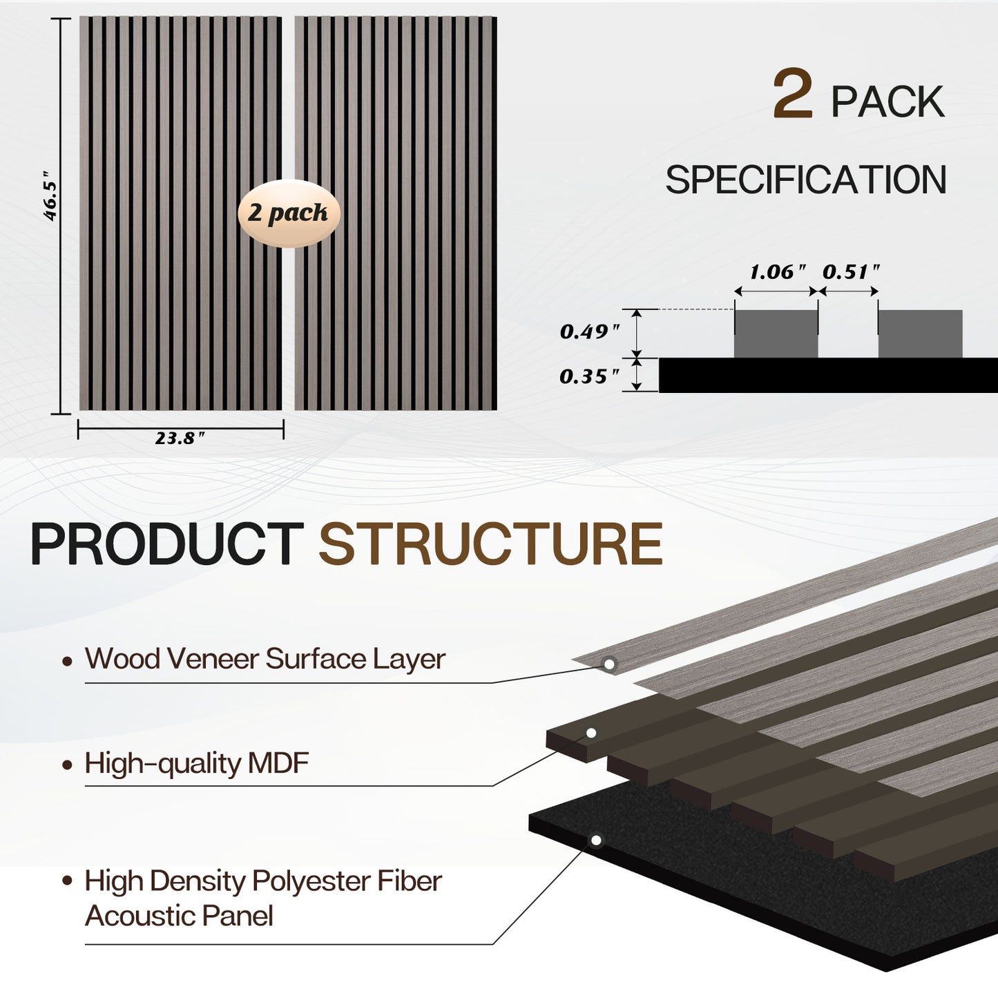 2 Pcs Acoustic Slat Wood Wall Panel, 46.45" x 23.81" Wood Slat Soundproof Wall Panel, Ash Wood