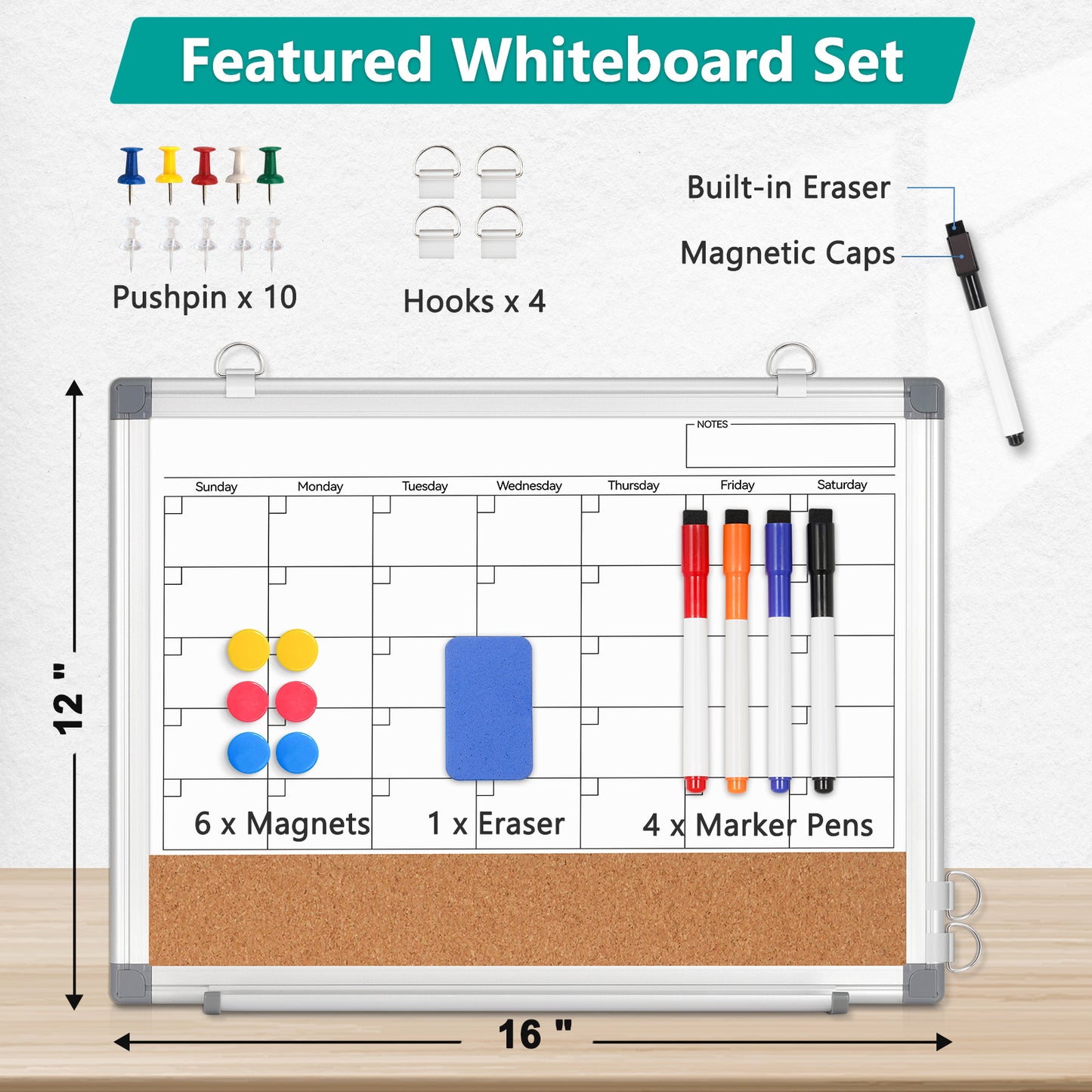 Monthly Calendar Whiteboard 16" x 12" Magnetic Dry Erase Board Dry Erase Cork Board Combination for Wall