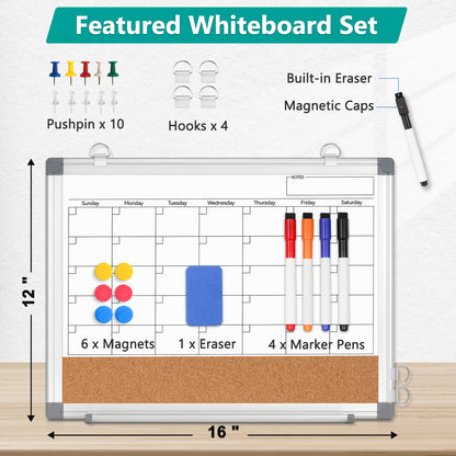 Monthly Calendar Whiteboard 16" x 12" Magnetic Dry Erase Board Dry Erase Cork Board Combination for Wall