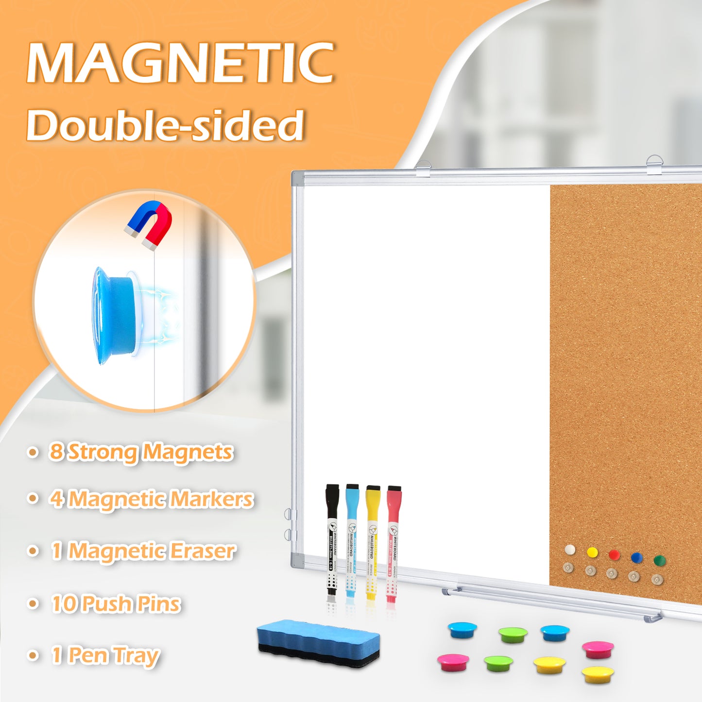 Whiteboard Corkboard Combo, Double-Sided Dry Erase Board with 4 Markers 6 Magnets 10 Pins 1 Eraser-Silver