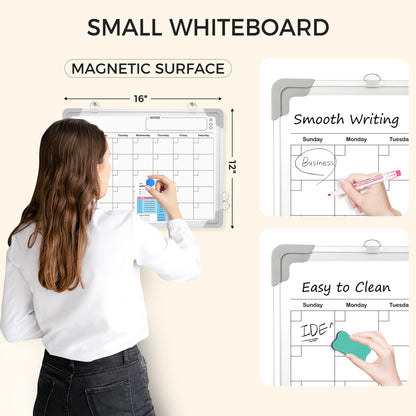 White Board Calendar, Double-Sided, 16" x 12" Monthly Planner with 8 Markers 8 Magnets 1 Eraser-Silver