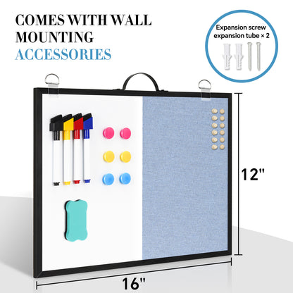 Dry Erase Linen Board, 12"x16" Small Cork Board White Board Combination, Double-Sided Magnetic Bulletin Board for Wall, Vision Board with Markers and Magnets