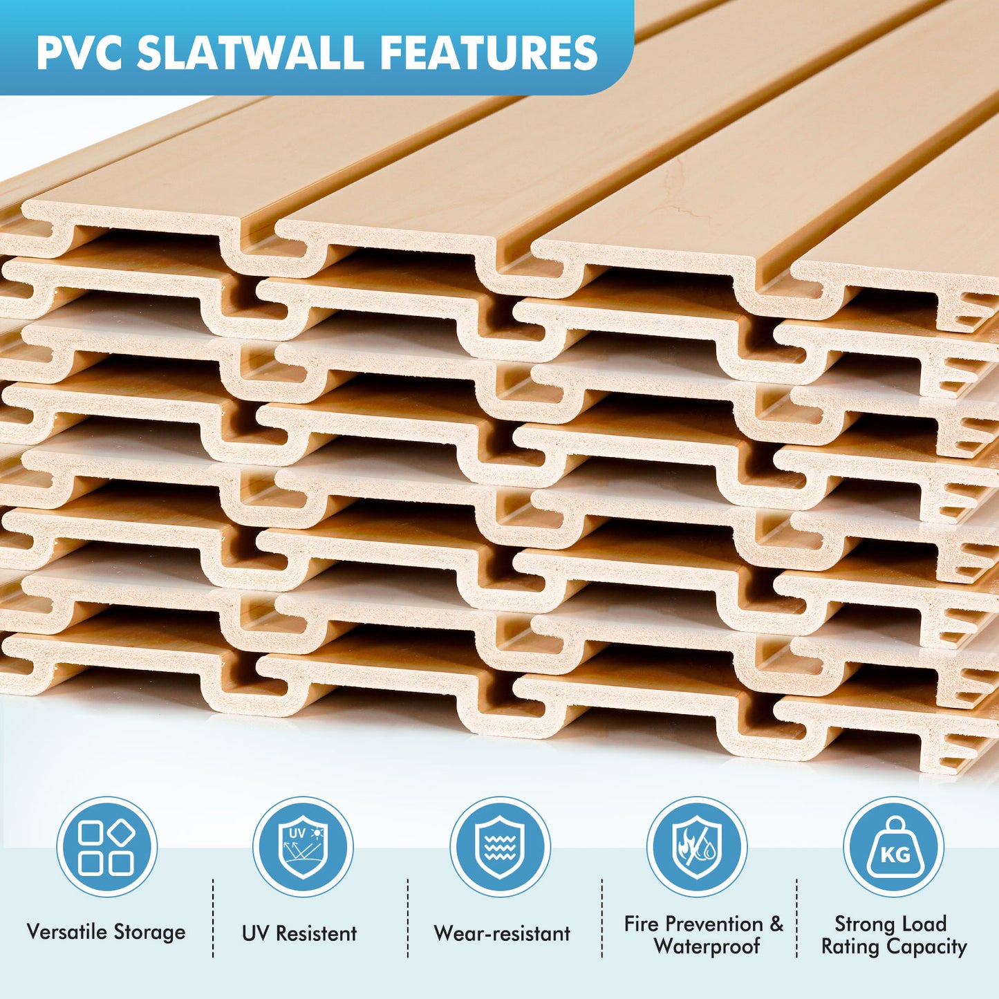 Slatwall Panels 4 ft x 8 ft Horizontal PVC Slatwall Easy Organizer Panels,48" H x 96" L - Pack of 8, Maple