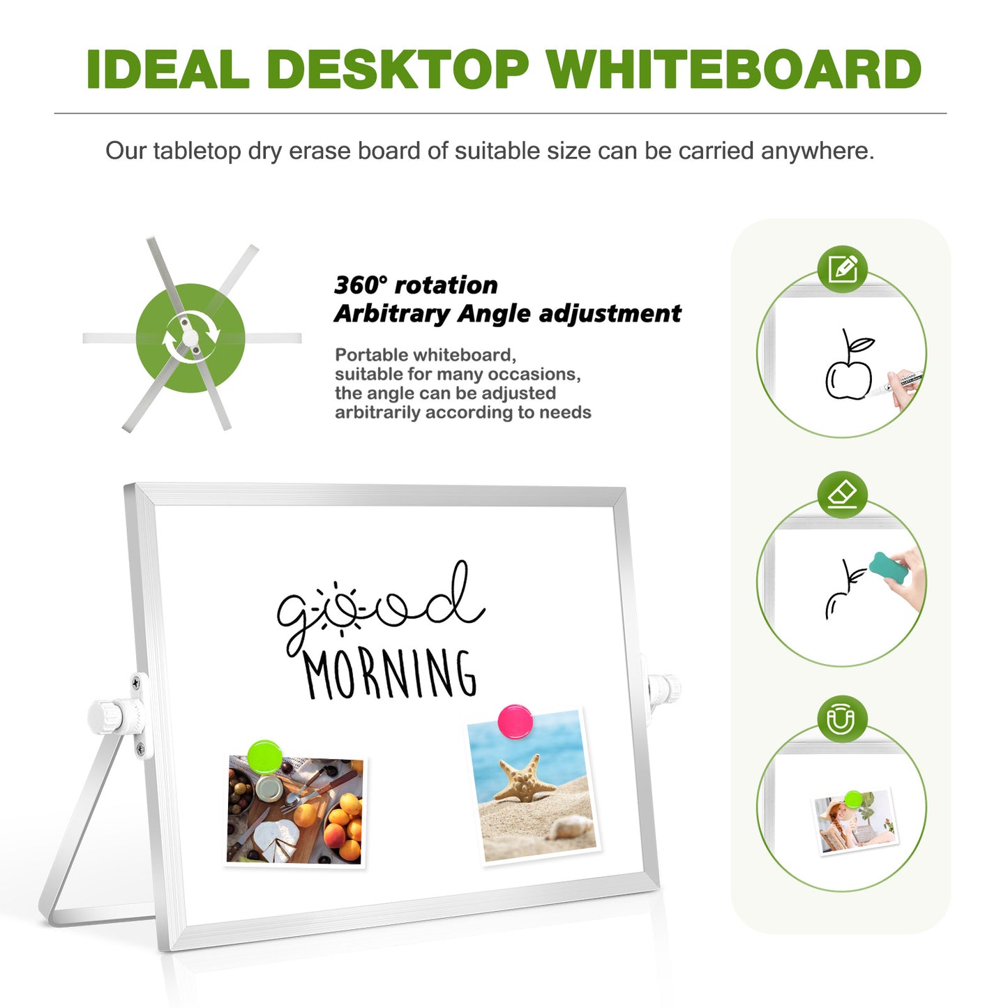 Small White Board with Stand, 12" x 8", Double-Sided with 8 Markers 8 Magnets 1 Eraser- Sliver