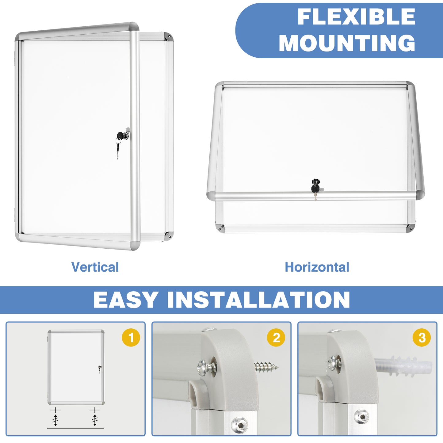 Lockable Notice Board 36"x24" Tamperproof Enclosed Display Board Whiteboard Cabinet, Sliver