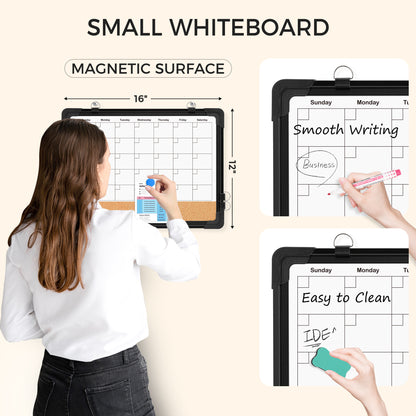 Whiteboard Calendar Cork Board Combo, 16" x 12", Double-Sided with 8 Markers 8 Magnets 10 Pins-Black