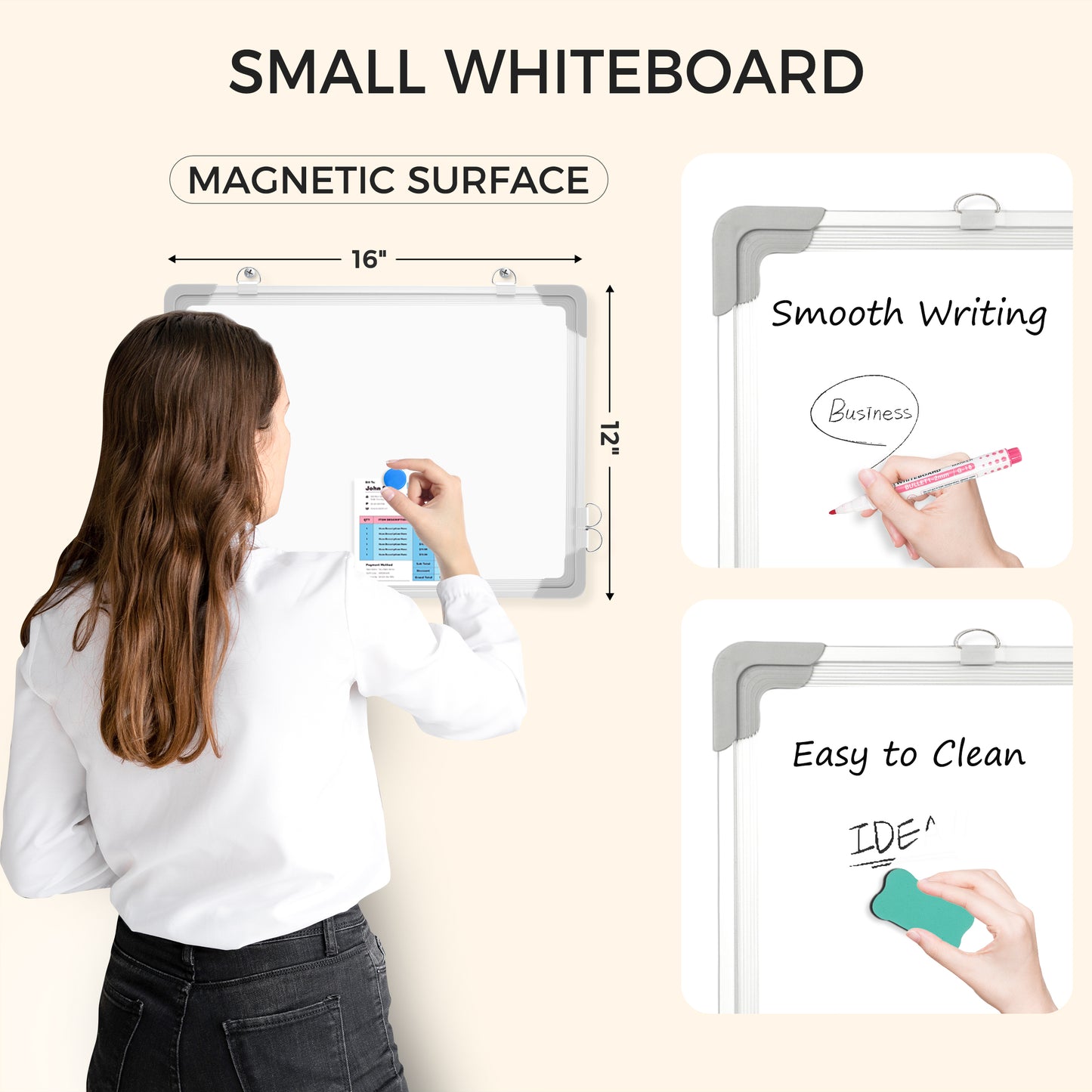 Small Dry Erase Board, 16" x 12", Double-Sided Magnetic Whiteboard with 8 Markers 8 Magnets 1 Eraser-Silver