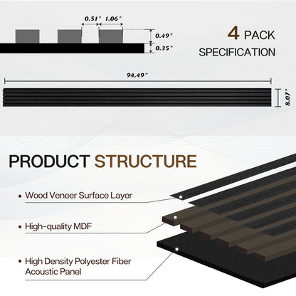 Wood Slat Acoustic Panels for Wall, 94.5" x 7.9" 4Pcs, Black Oak