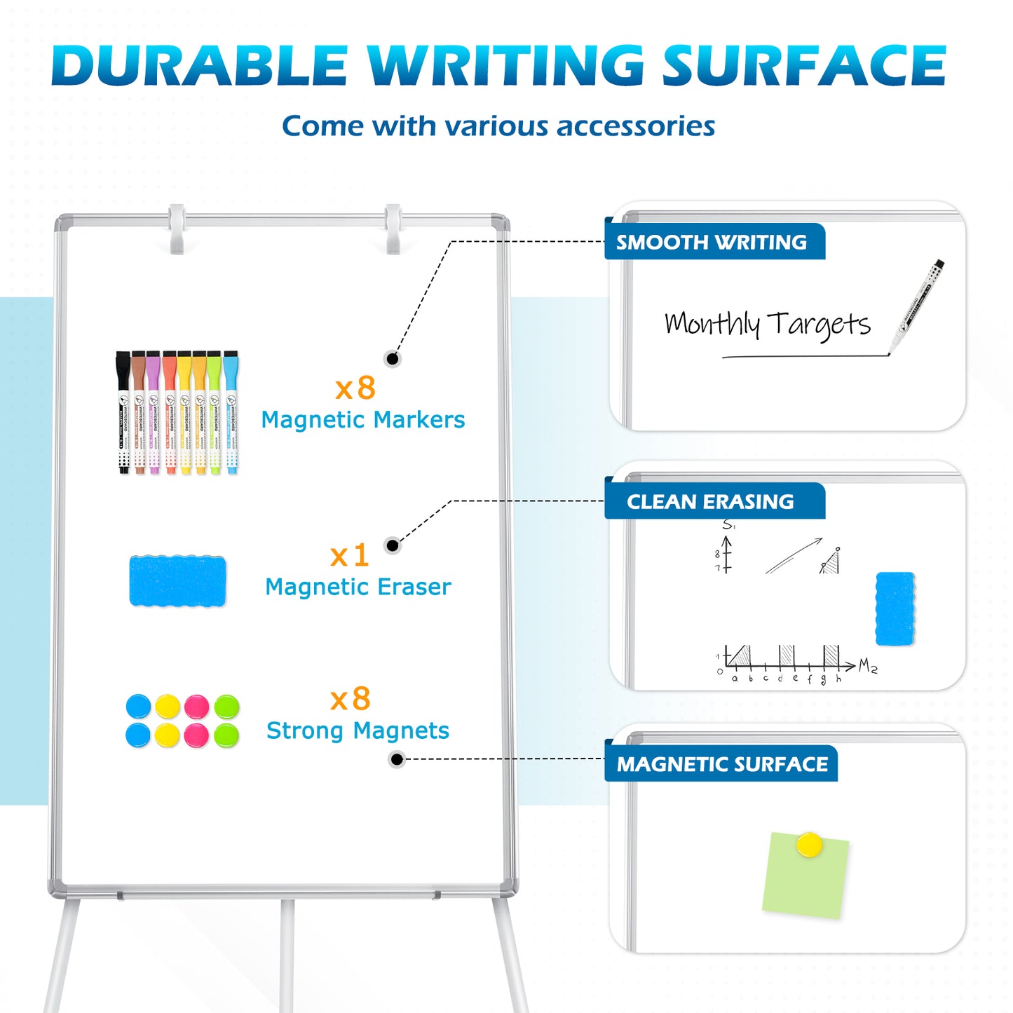 Whiteboard Easel with Tripod Stands, 36" x 24", Height Adjustable, with 8 Markers 8 Magnets 1 Eraser-Silver
