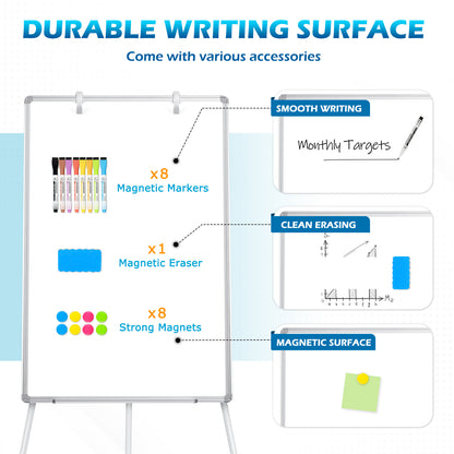 Whiteboard Easel with Tripod Stands, 36" x 24", Height Adjustable, with 8 Markers 8 Magnets 1 Eraser-Silver