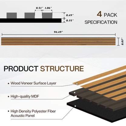 Wood Slat Acoustic Panels for Wall, 94.5" x 7.9" 2Pcs, Teakwood