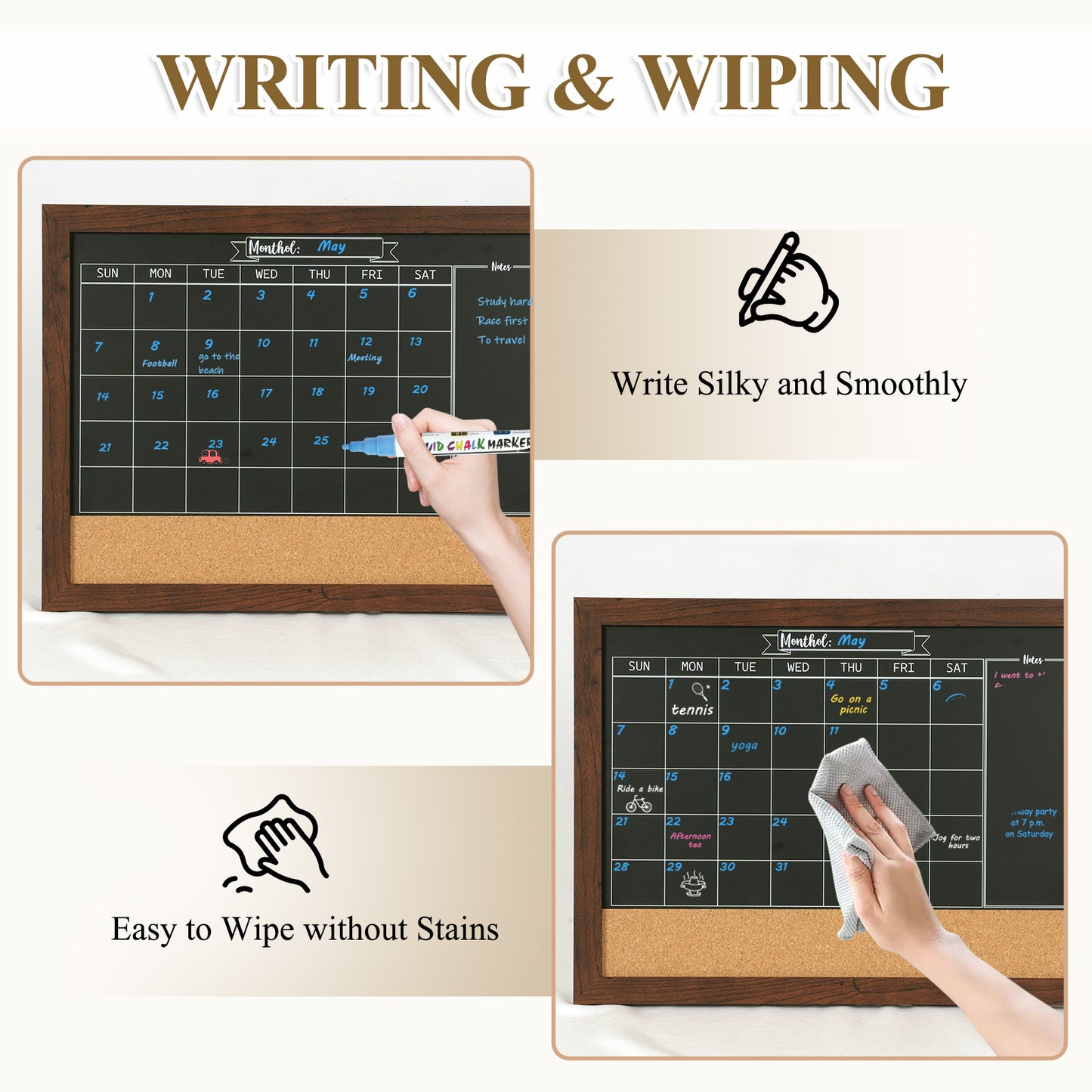 Whiteboard Calendar & Corkboard for Wall, 16"x12" Chalkboard Magnetic Dry Erase Monthly Calendar Chalkboard